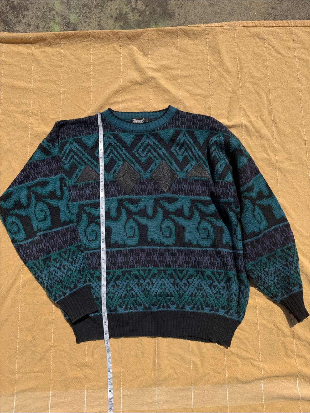 Impact Men’s Teal & Black Genuine Leather Geometric Crewneck Sweater